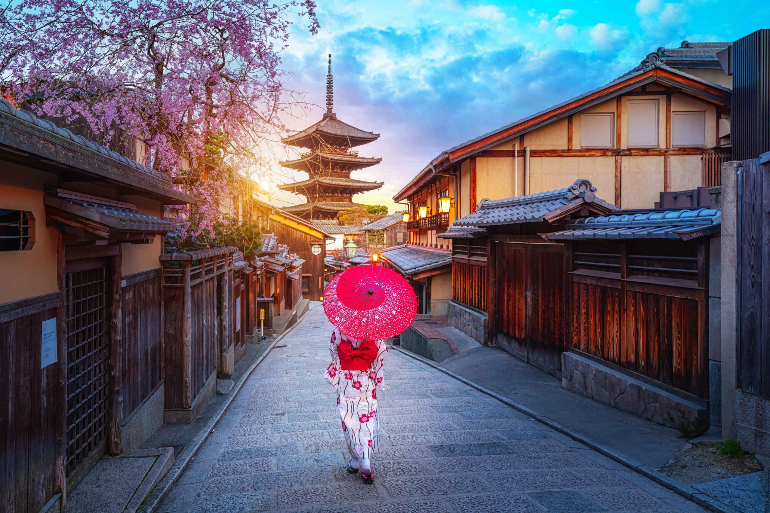 Traditional temple in Kyoto in cherry blossom season